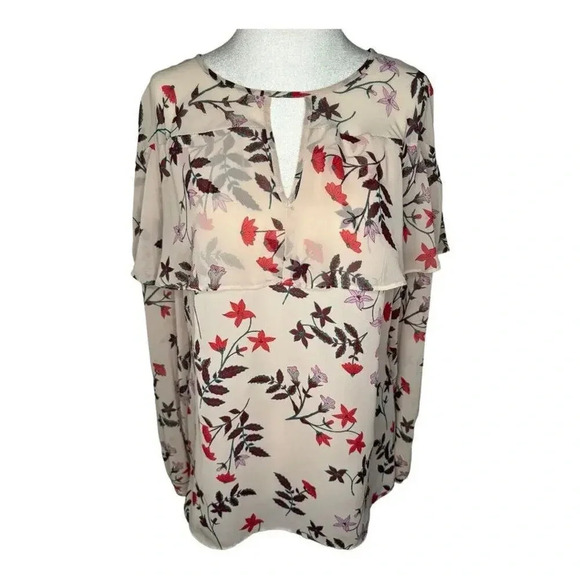 Lauren Conrad Women's Small Long Sleeve‎ Floral Blouse Cream And Red - Picture 1 of 8